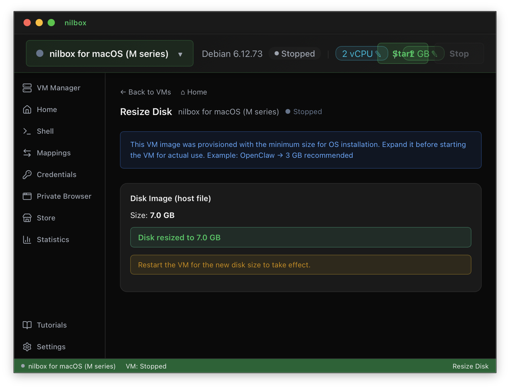 Example: disk size changed to 7 GB