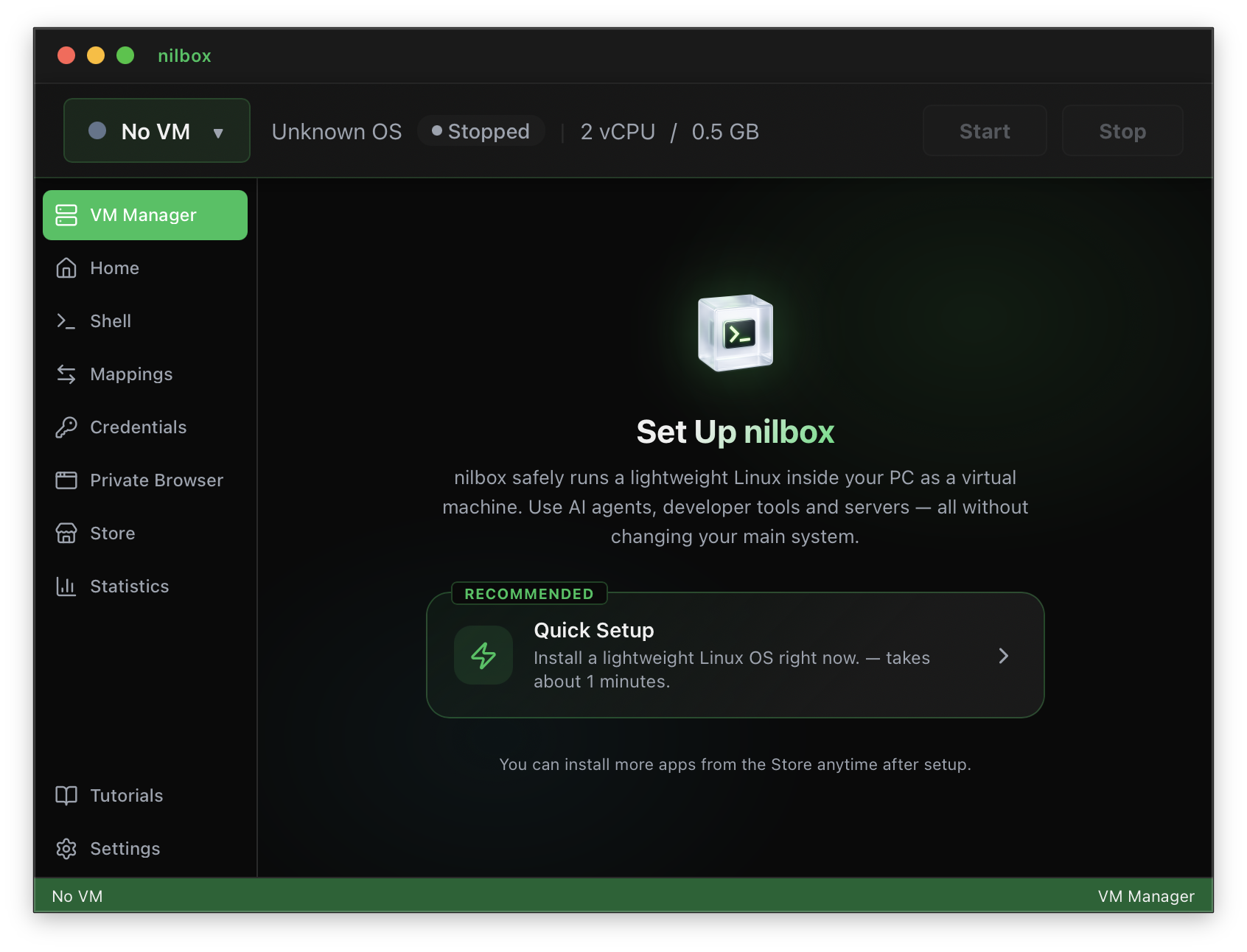 nilbox Linux for nilbox setup screen